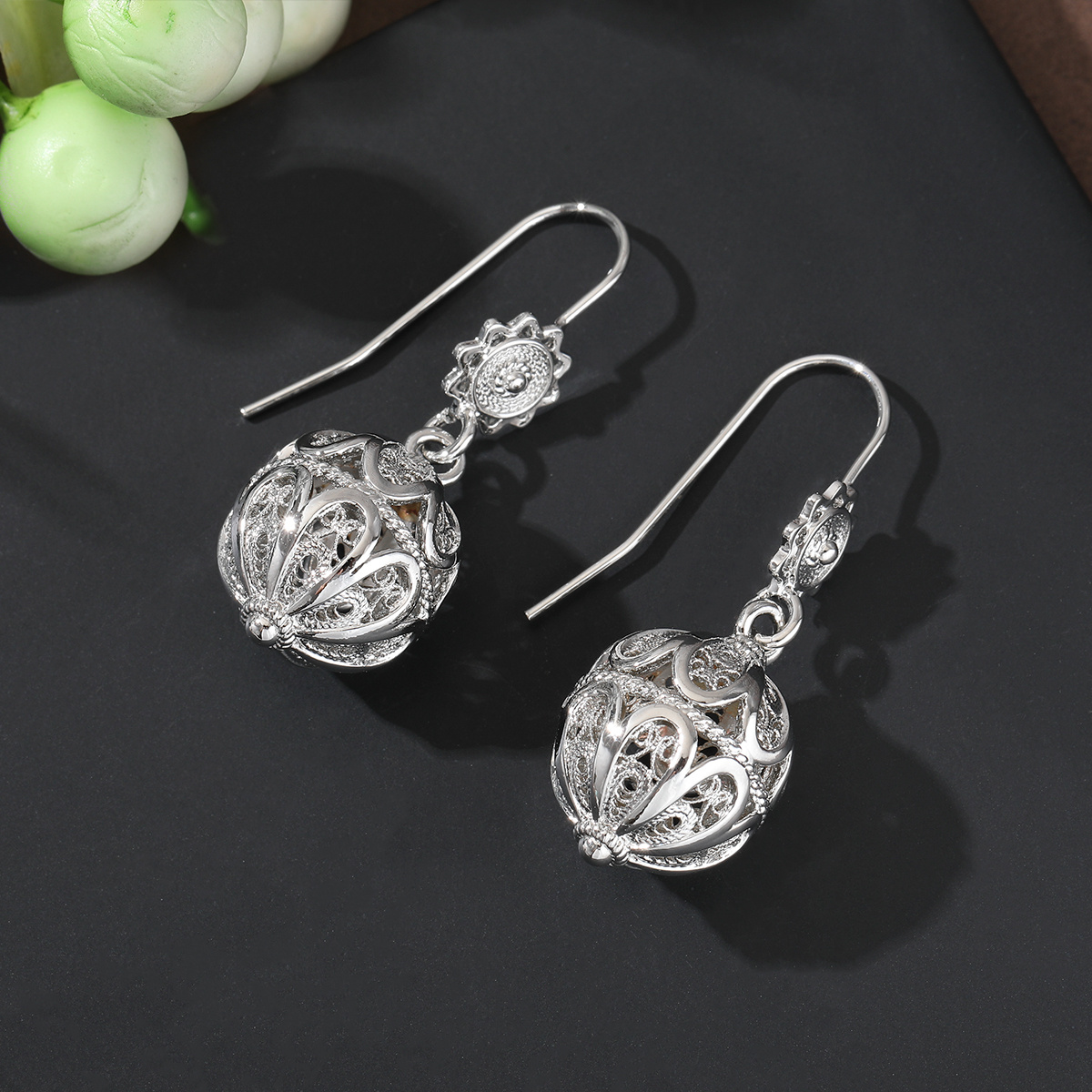 Women's Retro Hollow Filigree Spherical Pendant Earrings Gift